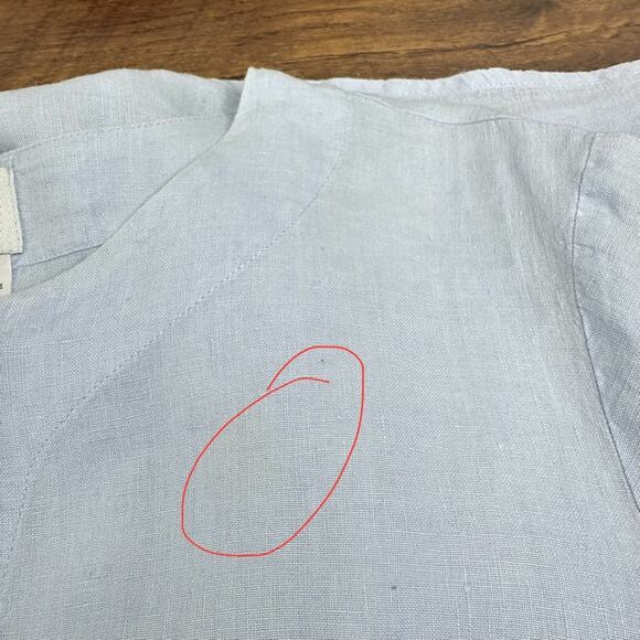 FLAX 100% Linen Light Blue Over Size Button Crew Neck Long Sleeve Pockets Sz L - Picture 9 of 14